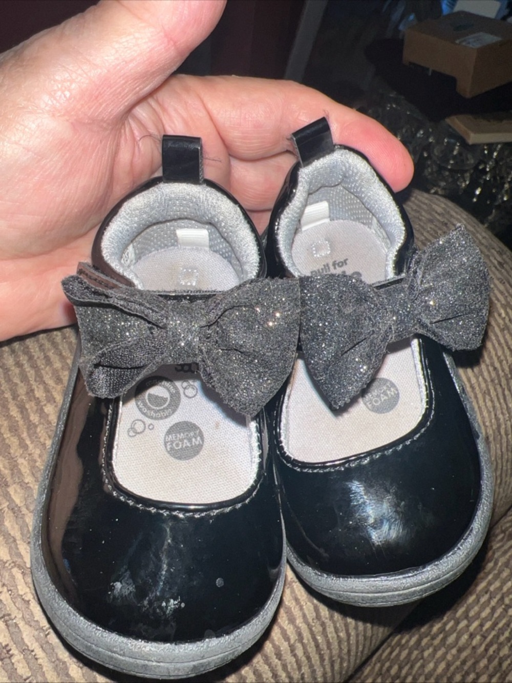 Stride Rite Toddler Size 3M Black Patent Mary Jane Shoes With Glitter Bow
